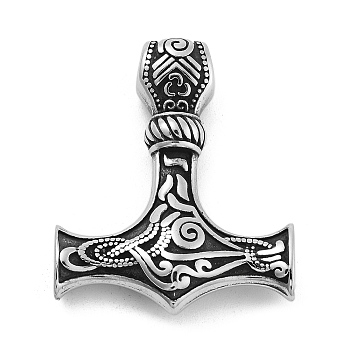 Viking 304 Stainless Steel Pendants, Mjolnir Thor Hammer Charm, Antique Silver, 30x37.5x7.5mm, Hole: 5mm