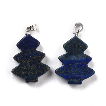 Natural Lapis Lazuli Pendants, with Platinum Tone Brass Findings, Tree, 26~27x18.5~19x5.5mm, Hole: 5x4mm