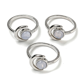 Natural Blue Lace Agate Adjustable Rings, with Platinum Brass Findings, Long-Lasting Plated, Jewely for Women, Moon with Round, US Size 8(18.1mm).