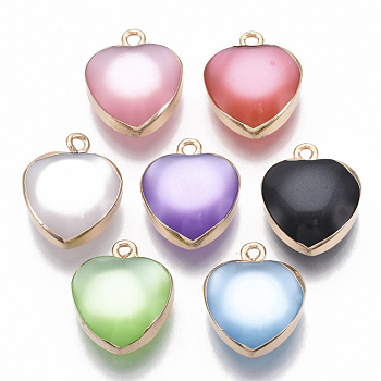 Resin Pendants, with Gold Plated Iron Loops, Imitation Cat Eye Style, Heart, Mixed Color, 19x16x8mm, Hole: 1.8mm