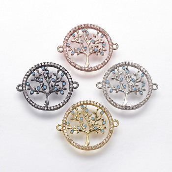 Brass Micro Pave Cubic Zirconia Links, Flat Round and Tree, Mixed Color, 19x24x2mm, Hole: 1mm