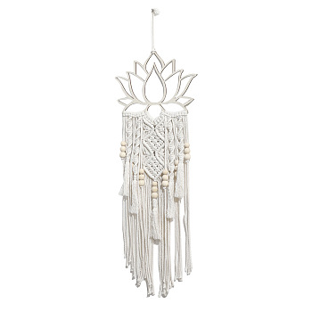 Bohemian Macrame Lotus Wood Wall Hanging Decorations, Woven Tassel for Home Bedroom Room Decoration, White, 815x250mm