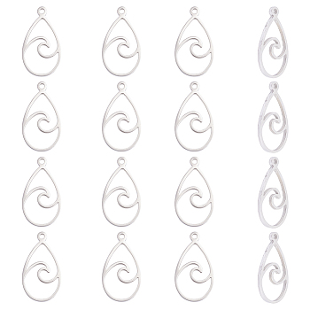 16Pcs 201 Stainless Steel Pendants, Teardrop with Wave Charm, Stainless Steel Color, 22x12x1mm, Hole: 1.5mm