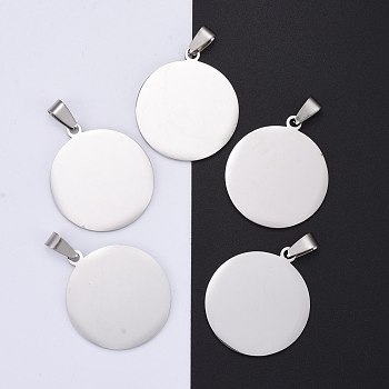 304 Stainless Steel Pendants, Manual Polishing, Stamping Blank Tag, Flat Round, Stainless Steel Color, 34x30x1.8mm