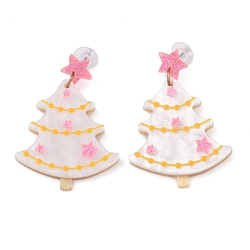 Glitter Star Christmas Tree Acrylic Dangle Stud Earrings, Alloy Jewelry for Women, White, 57x40.5mm