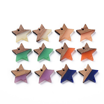 Opaque Resin & Walnut Wood Links Connectors, Two Tone, Star, Mixed Color, 17x18x3.5mm, Hole: 1.2mm