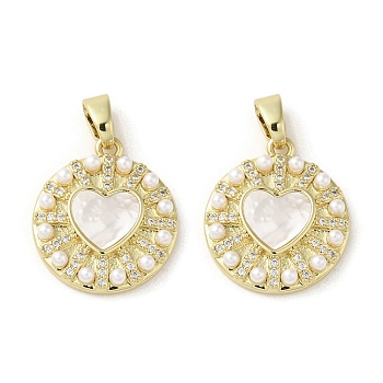 Brass Pave Shell Pendants, Heart Charms with ABS Imitation Pearl and Crystal Rhinestone, Real 18K Gold Plated, 20.5x18x3.5mm, Hole: 3x5mm