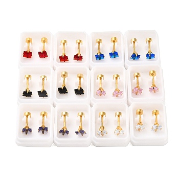 Square Glass Ear Fake Plugs, 304 Stainless Steel Piercing Stud Screw Earrings for Women, Golden, Gray, 5x5mm, Pin: 1mm