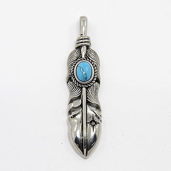Vintage Men's 304 Stainless Steel Big Feather Big Pendants, with Synthetic Turquoise, Antique Silver, 57x13x8mm, Hole: 6x3mm