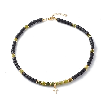 Polymer Clay Beaded Necklaces, with Brass Cross Pendant and Natural Taiwan Jade Beads, Black, 18.78 inch(47.7cm)