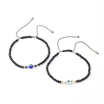Adjustable Nylon Thread Braided Bead Bracelets Set, with Faceted Rondelle Glass Beads, Handmade Evil Eye Lampwork Round Bead, Mixed Color, Inner Diameter: 2-1/2 inch(6.4~11.7cm), 2pcs/set