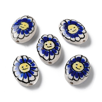 Handmade Porcelain Beads, Famille Rose Porcelain, Oval with Flower, Royal Blue, 19x14~16x5~6mm, Hole: 1.2mm