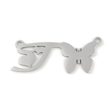 Non-Tarnish 304 Stainless Steel Pendants, Letter & Butterfly Charms, Letter T, 10.5x26.5x0.9mm, Hole: 1.2mm