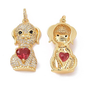 Brass Micro Pave Cubic Zirconia Pendants, Dog with Heart Charm, Real 18K Gold Plated, 32.5x16.5x6mm, Hole: 3.5x4.5mm