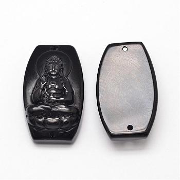 Natural Obsidian Cameo Links connectors, Buddhist Jewelry, Buddha, Black, 34~36x20~22x9~11mm, Hole: 1.5~2mm