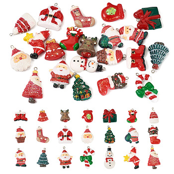 Pandahall 21Pcs 21 Styles Opaque Resin Glitter Powder Pendants, Christmas Charms, with Platinum Tone Iron Loops, Santa Claus & Snowman & Christmas Socking, Mixed Shapes, Mixed Color, 24~39.5x18~31.5x5.5~12mm, Hole: 1.8~2mm, 1pc/style