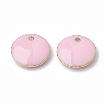 Brass Charms, Enamelled Sequins, Raw(Unplated), Flat Round, Pink, 10x2.5mm, Hole: 1mm