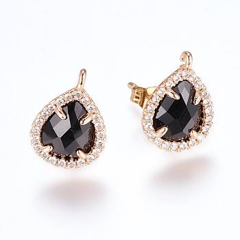 Brass Micro Pave Cubic Zirconia Stud Earring Findings, with Loop, Glass, Teardrop, Golden, Black, 16.5mm, Hole: 1mm, Pin: 0.8mm