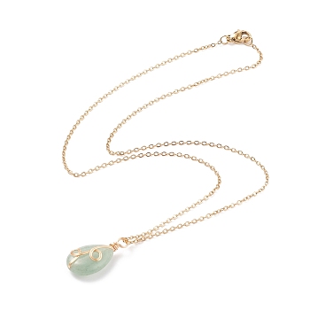 Natural Green Aventurine Teardrop Pendant Necklace, Gold Plated 304 Stainless Steel Wire Wrap Jewelry for Women, 17.72 inch(45cm)