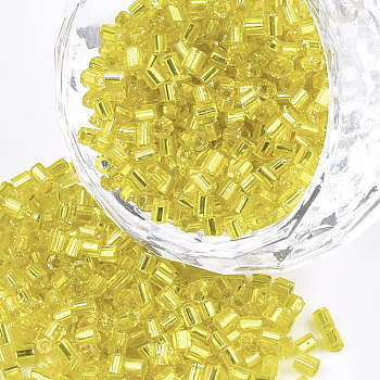 Grade A Glass Seed Beads, Hexagon(Two Cut), Silver Lined, Yellow, 1.5~2.5x1.5~2mm, Hole: 0.8mm, about 2100pcs/bag, 450g/bag