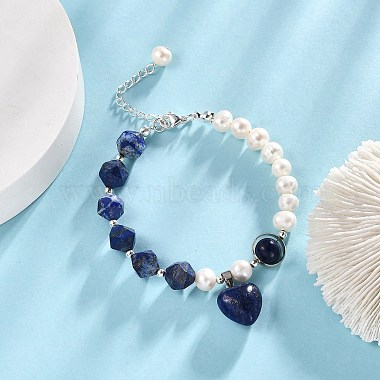 Pulsera con dije de corazón de lapislázuli natural con cadenas de perlas naturales para mujer(BJEW-TA00255-01)-2