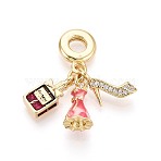 Brass Micro Pave Clear Cubic Zirconia and Enamel European Dangle Charms, Perfume Bottle & Dress & High-heeled Shoes, Large Hole Pendants, Real 18K Gold Plated, Hot Pink, 30mm, Hole: 4.8mm(KK-T079-74G)