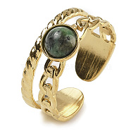 Natural African Turquoise(Jasper) Finger Rings, 304 Stainless Steel Open Cuff Rings, Real 18K Gold Plated, 8.5mm, Adjustable(RJEW-U027-06G-07)