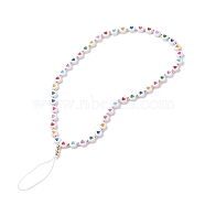 Opaque Acrylic Beads Mobile Straps, with Braided Nylon Thread and Brass Beads, Flat Round with Colorful Heart Pattern, White, 25.5cm(HJEW-JM00590-02)