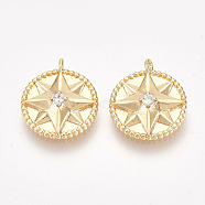 Brass Charms, with Cubic Zirconia, Flat Round with Star, Clear, Nickel Free, Real 18K Gold Plated, 13.5x11.5x3mm, Hole: 1mm(KK-S350-232)