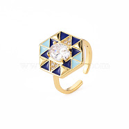 Brass Micro Pave Clear Cubic Zirconia Cuff Rings, Open Rings, with Enamel, Cadmium Free & Nickel Free & Lead Free, Hexagon, Real 16K Gold Plated, Light Blue, US Size 6, Inner Diameter: 17mm(RJEW-S045-084D-NR)