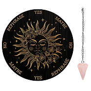 AHADERMAKER 1Pc Wood Pendulum Board, 1Pc 304 Stainless Steel Cable Chain Necklaces, 1Pc Natural Rose Quartz Stone Pendants, for Witchcraft Wiccan Altar Supplies, Sun Pattern, Board: 200x4mm(DIY-GA0005-20C)