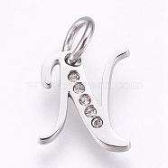 304 Stainless Steel Pendants, with Rhinestone, Letter, Letter.N, 12x10x1.5mm, Hole: 4mm(CPDL-G001-08P-N)