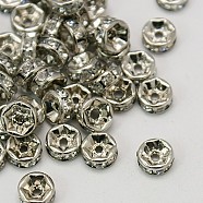 Brass Rhinestone Spacer Beads, Grade A, Rondelle, Platinum Color, Size: about 6mm in diameter, 3mm thick, hole: 1.5mm(RB-A003-6MM-N)