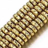 Electroplated Natural Lava Rock Beads Strands, Heishi Beads, Flat Round/Disc, Bumpy, Golden Plated, 8x4mm, Hole: 1.2mm, about 105pcs/strand, 15.75 inch(40cm)(X-G-T114-67G)