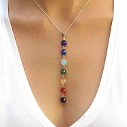 Round Dyed Agate Chakra Pendant Y Necklaces for Women, with Brass Clad Iron Cable Chain, Golden, 17.72 inch(45cm)(WG9C879-01)