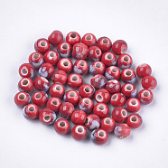 Handmade Porcelain Beads, Fancy Antique Glazed Porcelain, Round, Red, 6~7x5.5~6mm, Hole: 2~2.5mm(X-PORC-S498-19B-06)