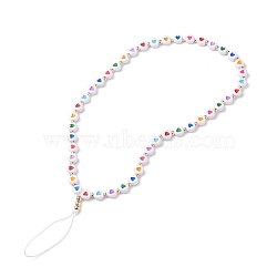 Opaque Acrylic Beads Mobile Straps, with Braided Nylon Thread and Brass Beads, Flat Round with Colorful Heart Pattern, White, 25.5cm(HJEW-JM00590-02)