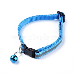 Adjustable Polyester Reflective Dog/Cat Collar, Pet Supplies, with Iron Bell and Polypropylene(PP) Buckle, Sky Blue, 21.5~35x1cm, Fit For 19~32cm Neck Circumference(MP-K001-A02)