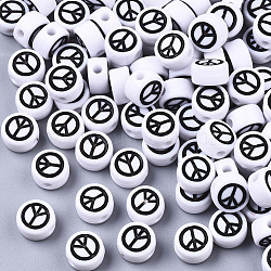Opaque Acrylic Beads, with Enamel, Flat Round with Peace Sign, Black, White, 7x4mm, Hole: 1.6mm, about 1511pcs/207g(MACR-SZ0001-04A)
