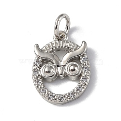 Brass Micro Pave Cubic Zirconia Charms, with Jump Ring, Owl Charms, Platinum, 14x10.5x2mm, Hole: 3mm(ZIRC-F131-22P)