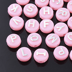 Plating Opaque Acrylic Beads, Metal Enlaced, Horizontal Hole, Flat Round with Letter, Pink, 10x6mm, Hole: 1.8mm(X-MACR-T032-02F)