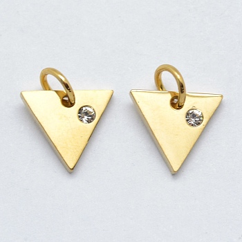 316 Surgical Stainless Steel Pendants, with Cubic Zirconia, Triangle, Clear, Real 18K Gold Plated, 9.5x10.5x2mm, Hole: 3mm