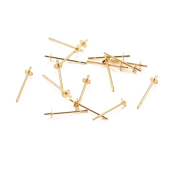 304 Stainless Steel Stud Earring Findings, for Half Drilled Beads, Real 18k Gold Plated, 14x3mm, Pin: 0.6mm