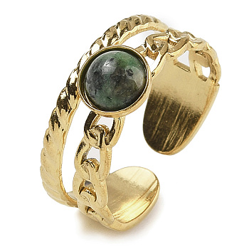 Natural African Turquoise(Jasper) Finger Rings, 304 Stainless Steel Open Cuff Rings, Real 18K Gold Plated, 8.5mm, Adjustable