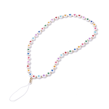 Opaque Acrylic Beads Mobile Straps, with Braided Nylon Thread and Brass Beads, Flat Round with Colorful Heart Pattern, White, 25.5cm