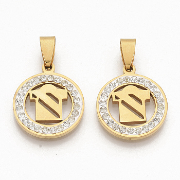201 Stainless Steel Pendants, with Random Size Snap On Bails and Polymer Clay Crystal Rhinestones, Flat Round with T-Shirt, Golden, 23.5x20x3mm, Hole: 8~10x3~5mm