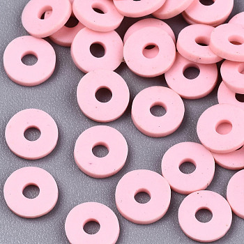 Handmade Polymer Clay Beads, for DIY Jewelry Crafts Supplies, Disc/Flat Round, Heishi Beads, Pink, 4x1mm, Hole: 1mm, about 55000pcs/1000g