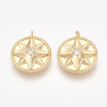 Brass Charms, with Cubic Zirconia, Flat Round with Star, Clear, Nickel Free, Real 18K Gold Plated, 13.5x11.5x3mm, Hole: 1mm