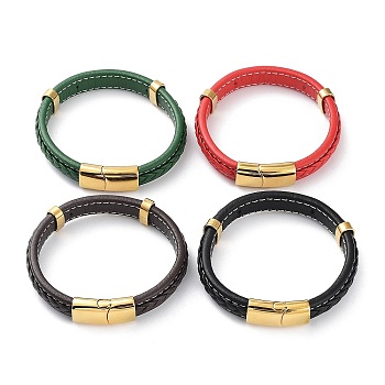 Leather Cord Bracelets, with Ion Plating(IP) Golden 304 Stainless Steel Magnetic Clasps, Mixed Color, 8-5/8~8-3/4 inch(22~22.2cm)