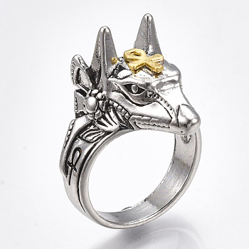 Alloy Wide Band Rings, Chunky Rings, Wolf with Ankh Cross, Antique Silver & Golden, Size 11, 21mm